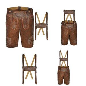 Men Bavarian Lederhosen Red Brown Oktoberfest Authentic Lederhosen Stormer NWT
